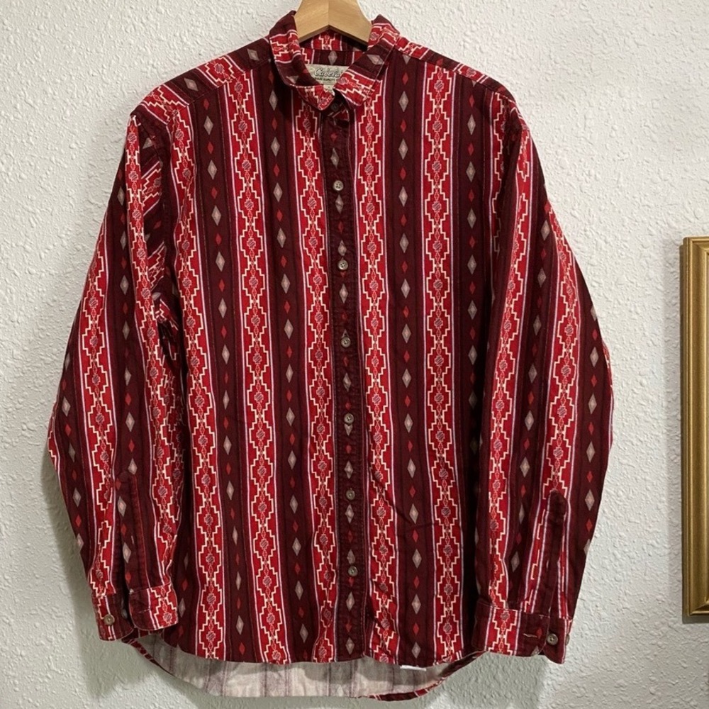 Cabela's women Aztec southwest hang loop L Reg Red maroon chamois‎ flannel shirt